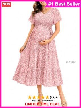 Maternity Midi Dress Smocked Flutter Sleeve V-Neck A-Line Baby Shower